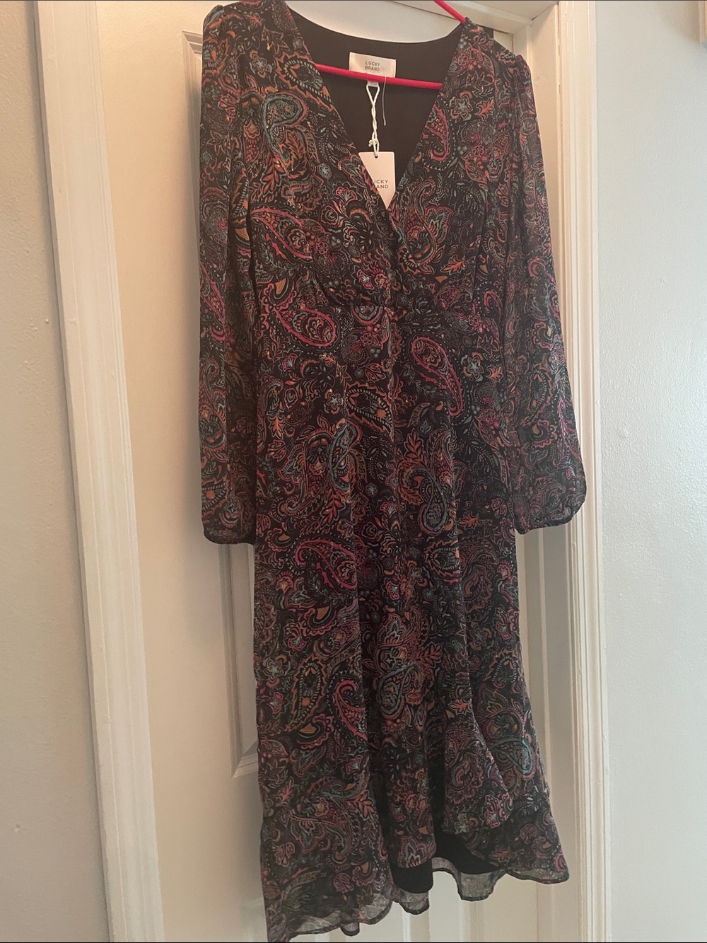 Lucky Brand Black Paisley Long-Sleeve Wrap Dress with Multicolor Accents